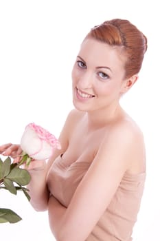 beautiful young woman holding pink rose isolated on white