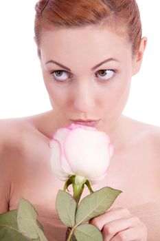 beautiful young woman holding pink rose isolated on white