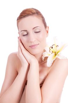 beautiful natural woman face with flower isolated on white