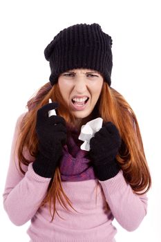 woman with tissue and spray feels unwell with flu isolated on white