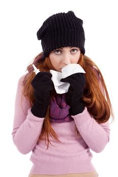 woman with tissue and spray feels unwell with flu isolated on white