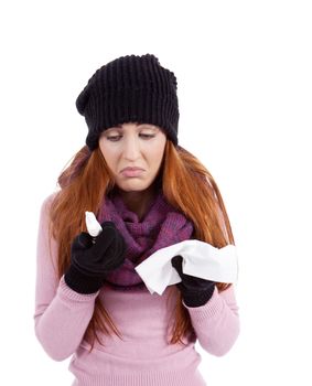 woman with tissue and spray feels unwell with flu isolated on white