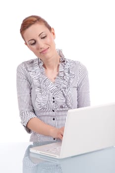 young business woman on computer with snack isolated on white