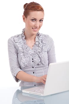 young business woman on computer with snack isolated on white