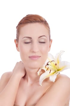 beautiful natural woman face with flower isolated on white