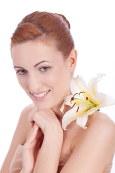 beautiful natural woman face with flower isolated on white