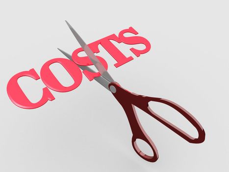 Pair of scissors cuts business expense word COSTS in half to save money