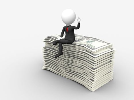3d businessman sitting on top of stack of dollar with hand raise