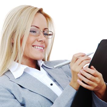 business woman hold a folder of papers  and write