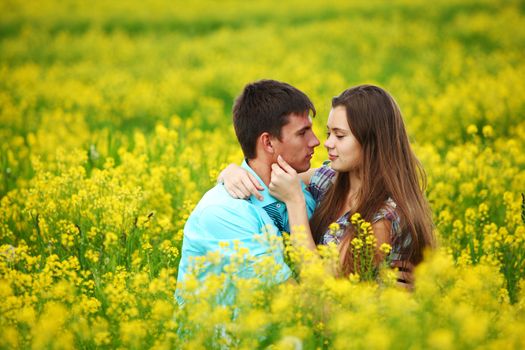 lovers hug on yellow flower field