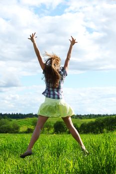 summer woman fly in blue sky