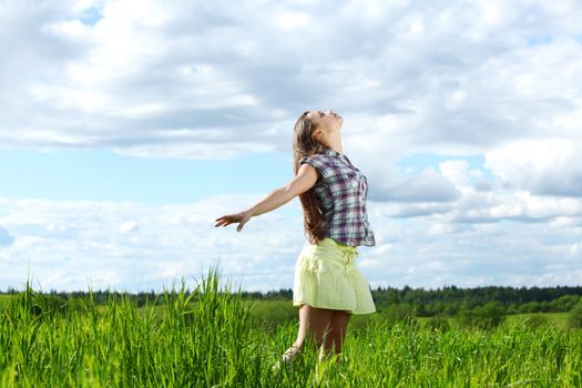 summer woman fly in blue sky