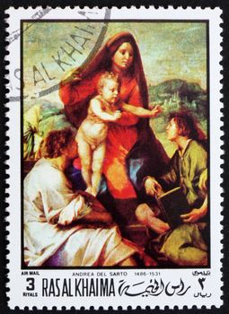 RAS AL-KHAIMAH - CIRCA 1970: a stamp printed in the Ras al-Khaimah shows Madonna della Scala, Painting by Andrea del Sarto, circa 1970