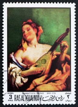 RAS AL-KHAIMAH - CIRCA 1970: a stamp printed in the Ras al-Khaimah shows Woman with a Mandolin, Painting by Giovanni Battista Tiepolo, circa 1970