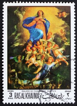 RAS AL-KHAIMAH - CIRCA 1970: a stamp printed in the Ras al-Khaimah shows The Assumption, Painting by Philippe de Champaigne, French Painter, Easter, circa 1970