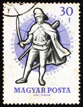 HUNGARY - CIRCA 1959: a stamp printed in the Hungary shows Soldier, 18th Century, 24th World Fencing Championships, Budapest, circa 1959