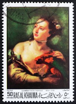 RAS AL-KHAIMAH - CIRCA 1970: a stamp printed in the Ras al-Khaimah shows Woman with a Parot, Painting by Giovanni Battista Tiepolo, circa 1970