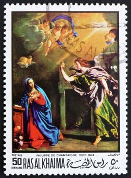 RAS AL-KHAIMAH - CIRCA 1970: a stamp printed in the Ras al-Khaimah shows The Annunciation, Painting by Philippe de Champaigne, French Painter, Easter, circa 1970