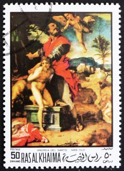 RAS AL-KHAIMAH - CIRCA 1970: a stamp printed in the Ras al-Khaimah shows The Sacrifice of Abraham, Painting by Andrea del Sarto, circa 1970