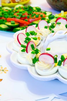 Eggs, radish, chives on easter table