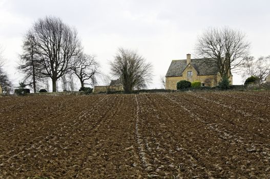 Plowed field in winter in Chipping Campden, England, UK