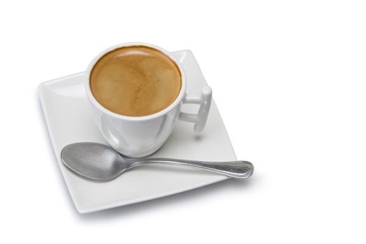 Espresso in a modern cup and a square saucer isolated over a white background.