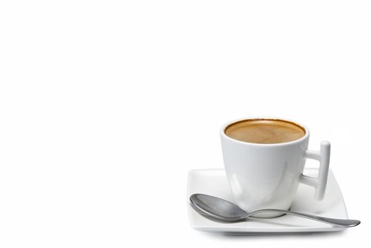 Espresso in a modern cup and a square saucer isolated over a white background.
