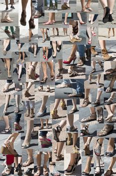 Collage made of photos about foot and summer shoes.