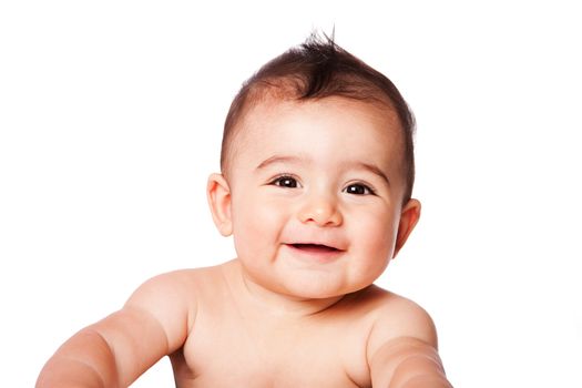 Beautiful expressive adorable happy cute laughing smiling baby infant face, isolated.