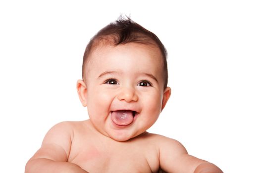 Beautiful expressive adorable happy cute laughing smiling baby infant face showing tongue, isolated.