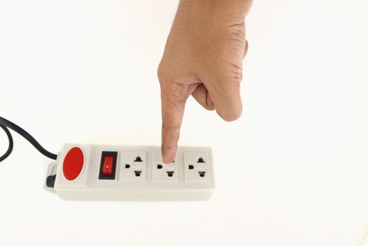 Finger touch on power strip isolate on white