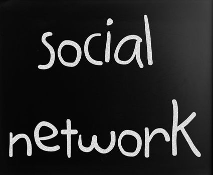 The word "Social network" handwritten with white chalk on a blackboard