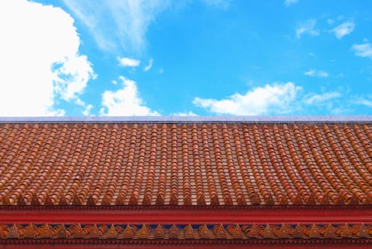 Roof of a buddhist temple with blue sky    