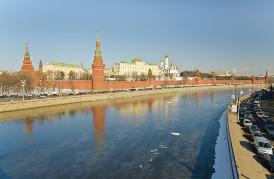 Kind to the Moscow Kremlin and Moskva River in winter day. Russia