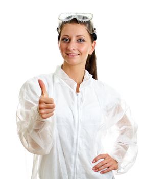 Female scientist in lab coat with thumb up gesture. Isolated on white.