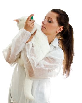 Female veterinarian makes the injection of a cat. Isolated on white.