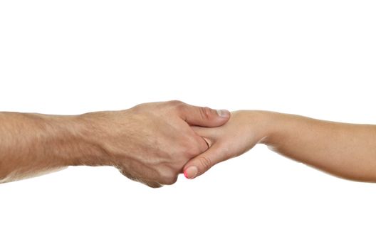 Man delicately shaking woman's hand. Isolated on white.