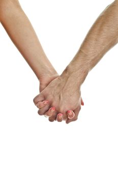 Man's hand holding woman's hand. Isolated on white.