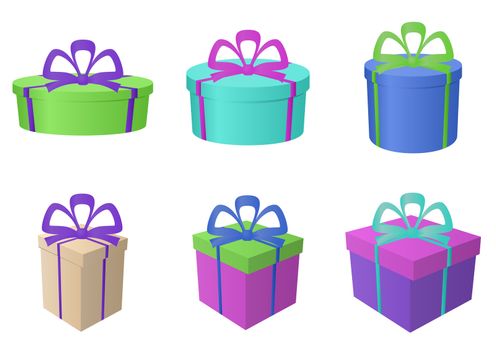 Set multi coloured gift boxes different forms with bows