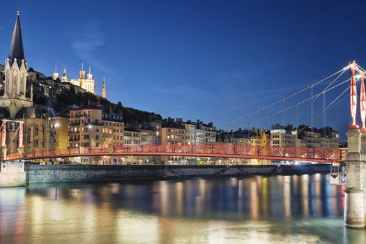 Famous view of river saone at night, Lyon, France
