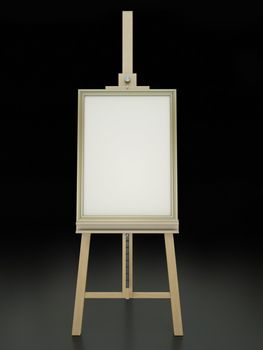 Wooden easel with blank framed picture on black background. 3D render