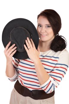 The smiling plump girl with a hat isolated on  white