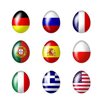 Easter eggs with international flags on white background