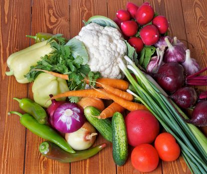 Fresh Raw Vegetables with Cabbage, Peppers, Carrot, Radish, Onion, Tomatos and Garlic on wooden background