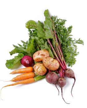 Arrangement of Raw Organic Farmer's Potato, Carrot, Red Onion and Beet isolated on white background