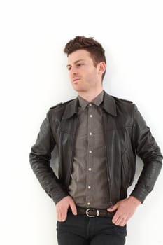 Young russian model on white background with leather jacket