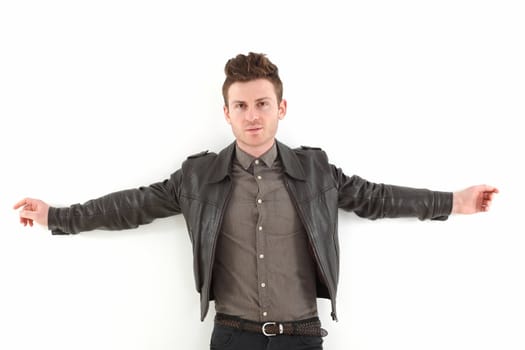 Young russian model on white background with leather jacket