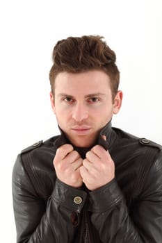 Young russian model on white background with leather jacket