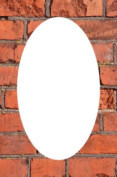 Fragment of old squared red brick wall. Isolated white oval place for text photograph image in center of frame.