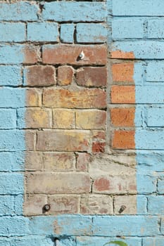 A red brick wall with sign space surrounded by a pastel blue paint border